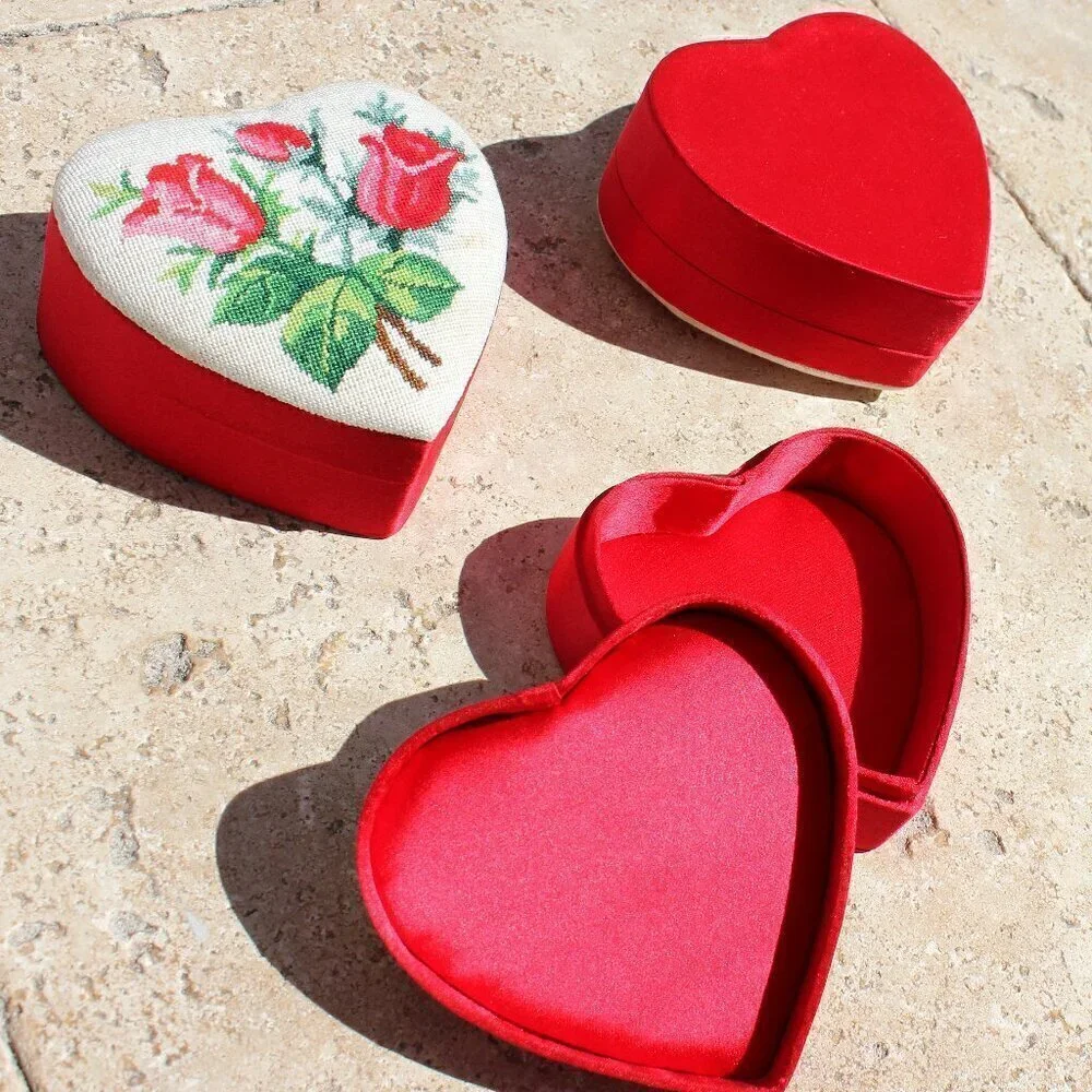 Needlepoint Mini Petite Stitch Roses Floral Red Heart Containers Set of 3